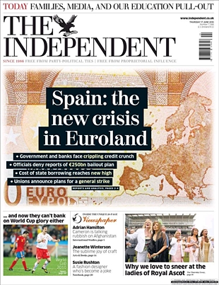 Capa do xornal ingl&eacute;s 'The Independent', esta quinta feira
