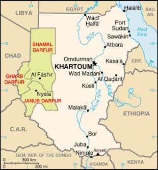 Mapa de Sud&aacute;n, coa rexi&oacute;n de Darfur destacada