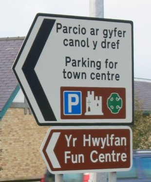 Cartel en gal&eacute;s e ingl&eacute;s