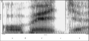 Espectrograma da pronuncia de "ovella", no artigo de X. L. Regueira 'Cambios fon&eacute;ticos e fonol&oacute;xicos no galego contempor&aacute;neo'