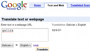 Traduci&oacute;n de "galiza" ao ingl&eacute;s, segundo Google