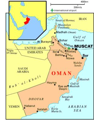 O mapa de Om&aacute;n, na Pen&iacute;nsula da Arabia