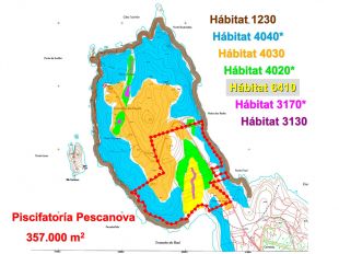 Mapa de distribuci&oacute;n dos principais h&aacute;bitats da zona e situaci&oacute;n na que se pensa situar a planta pisc&iacute;cola (Clica para ampliar)