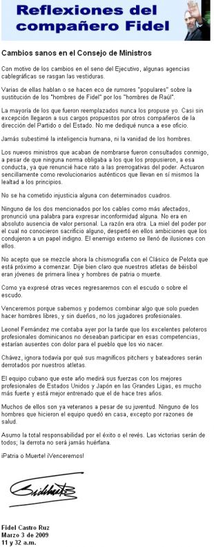 O artigo de opini&oacute;n, &iacute;ntegro e orixinal, de Fidel Castro (clique para ampliar)